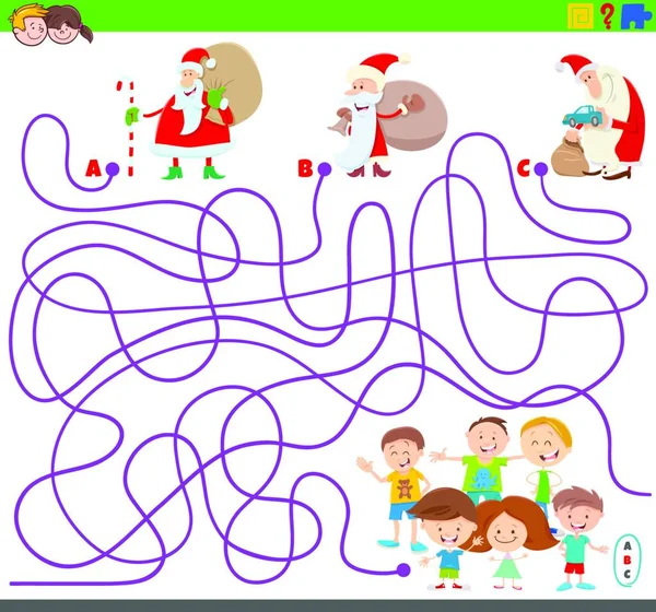 Cartoon Illustration Von Linien Labyrinth Puzzle Aktivitätsspiel Mit Weihnachtsmann Weihnachtsfiguren — Stockvektor