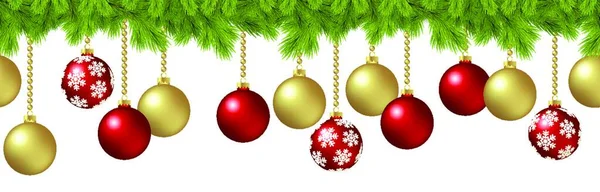 Eps 10矢量无缝背景概念与杉树分枝和挂红色和金色的圣诞灯饰 — 图库矢量图片