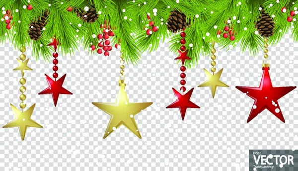 Eps 10ベクトルシームレスな背景概念とともにモミの枝と骨 ぶら下げ赤と金色のクリスマスの星と雪の結晶ベクトルファイルの透明性と — ストックベクタ
