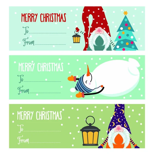 Linda Colección Etiquetas Navidad Diseño Plano Con Muñecos Nieve Gnomos — Archivo Imágenes Vectoriales