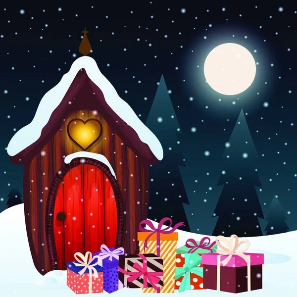 Zauberhafte Weihnachtsszene Mit Zwergenhaus Und Geschenken — Stockvektor