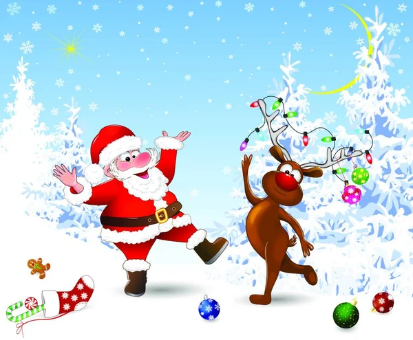 Weihnachtsmann Und Hirsch Winterwald Weihnachtsmann Und Hirsch Feiern Weihnachten Heiligabend — Stockvektor