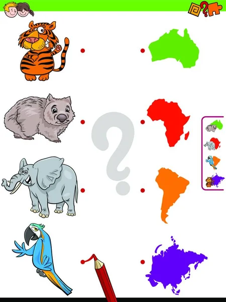 Cartoon Illustration Educational Pictures Matching Game Children Animal Characters Continent — стоковий вектор