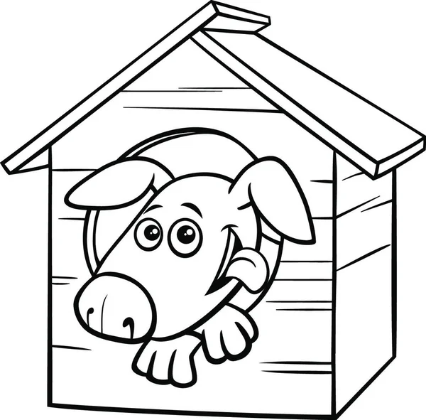 Black White Cartoon Illustration Funny Dog Comic Animal Character Doghouse — ストックベクタ