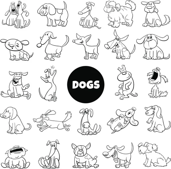 Dessin Animé Noir Blanc Illustration Chiens Chiots Animaux Compagnie Personnages — Image vectorielle