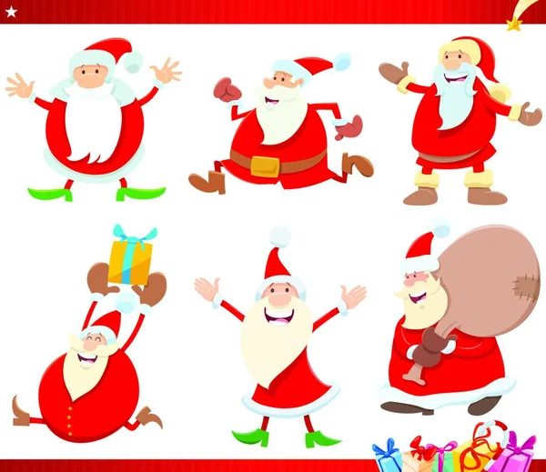 Cartoon Illustration Von Weihnachtsmann Figuren Mit Geschenken Zur Weihnachtszeit — Stockvektor