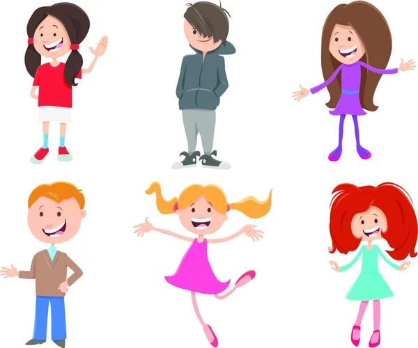 Ilustración Dibujos Animados Niños Felices Niños Adolescentes Personajes Conjunto — Vector de stock