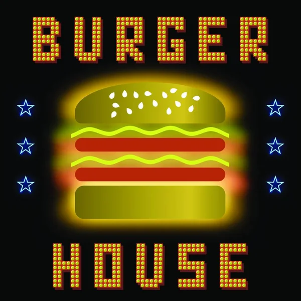 Burger House Neon Färgglada Tecken Svart Bakgrund Snabbmatsskylt — Stock vektor