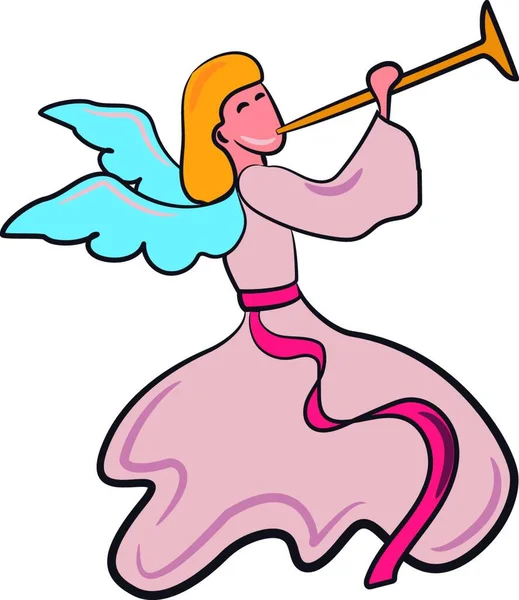 一个微笑的天使在粉红色的礼服与蓝色翅膀吹喇叭矢量彩色绘图或插图 — 图库矢量图片