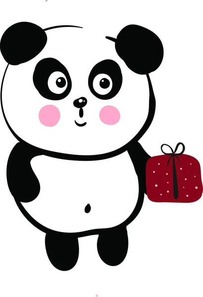 Mignon Panda Noir Blanc Tenant Une Illustration Vectorielle Cadeau Rouge — Image vectorielle