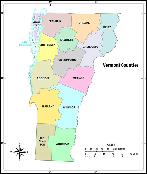 Vermont Staat Overzicht Administratieve Politieke Kaart Kleur — Stockvector