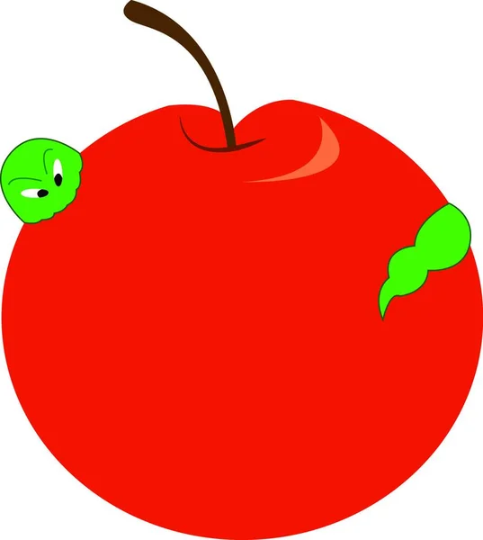 緑のワームベクターカラー描画またはイラストレーションを含む赤いりんご — ストックベクタ