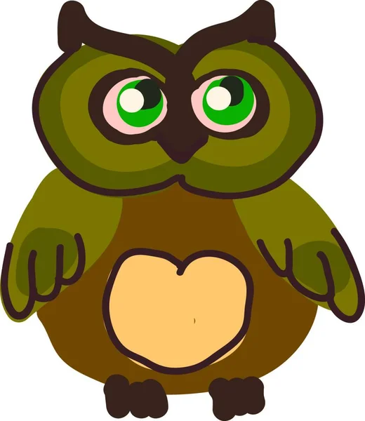 Búho Gordito Con Grandes Ojos Verdes Vector Dibujo Color Ilustración — Vector de stock