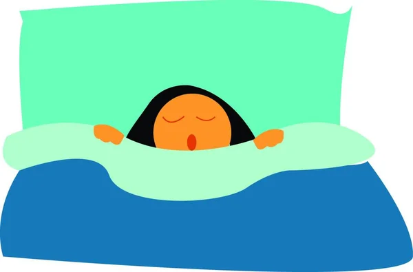 青い毛布ベクターカラーのドローイングまたはイラストレーションを使ってベッドでぐっすり眠っている少女 — ストックベクタ