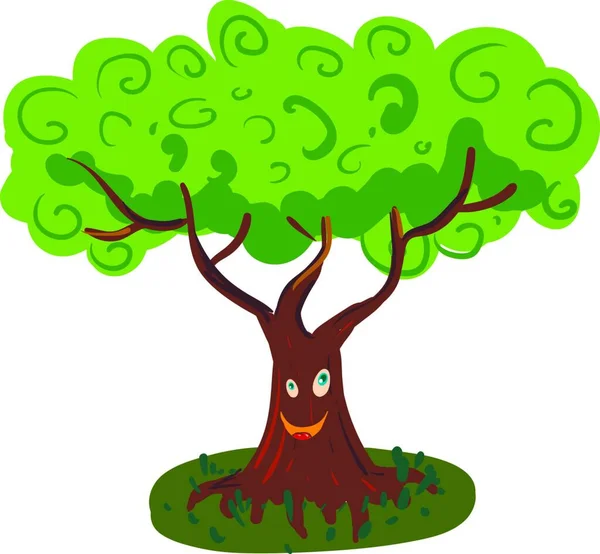 Šťastný Velký Strom Modrými Oči Červeným Jazykem Zelenými Listy Kreslený — Stockový vektor