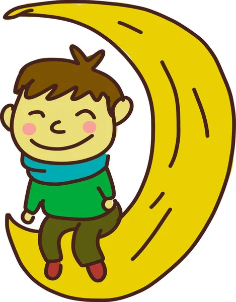 Happy Boy Pink Cheeks Green Shirt Blue Scarf Sitting Moon — Stock Vector