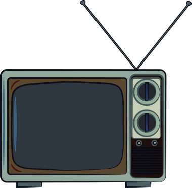 A classic black & white TV with manual nob & antenna on the top vector color drawing or illustration clipart