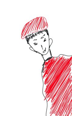 Sketch drawing of a skinny guy in a red-colored hat and costume peeps out with shyness vector color drawing or illustration vector Sketch drawing of a skinny guy in a red-colored hat and costume peeps out with shyness vector color drawing or illustration vector