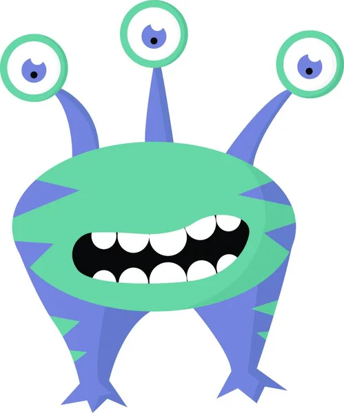 Blue Green Colored Monster Big Eyes White Teeth Cartoon Vector — Stock Vector