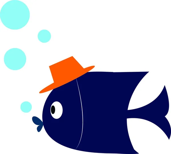 Niebieska Ryba Dużymi Oczami Pomarańczowym Kapeluszem Czterema Niebieskimi Bąbelkami Kreskówek — Wektor stockowy
