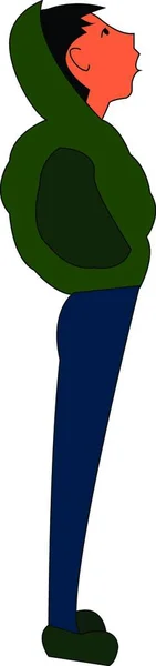 Ένα Αγόρι Πράσινο Μπουφάν Μπλε Παντελόνι Και Πράσινα Παπούτσια Κοιτάζοντας — Διανυσματικό Αρχείο