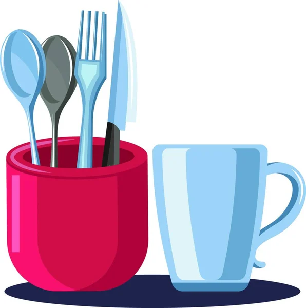スプーンフォークとナイフで赤い色をしたカトラリーと その横にあるコーヒーカップの絵やイラスト — ストックベクタ