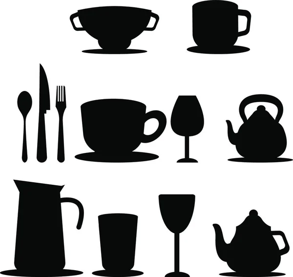 Ein Teeservice Mit Teekanne Teekanne Teelöffelset Und Glasvektor Farbzeichnung Oder — Stockvektor