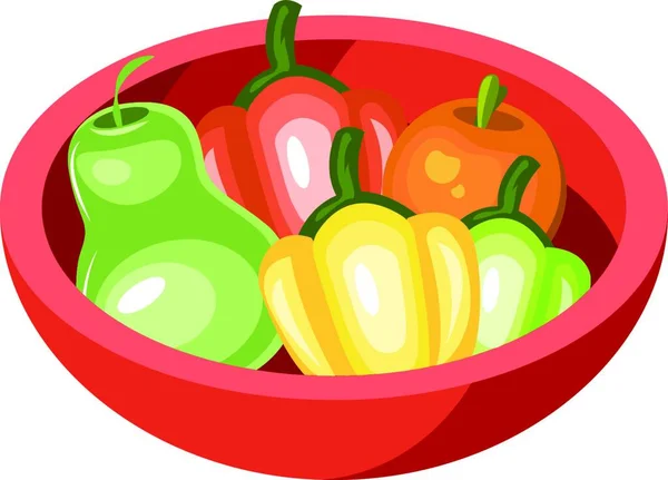 Red Bowl Töltött Gyümölcsök Zöldségek Vektor Színes Rajz Vagy Illusztráció — Stock Vector