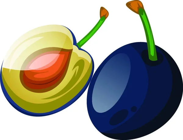 Blå Krikon Plommon Skuren Halv Tecknad Frukt Vektor Illustration Vit — Stock vektor