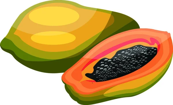 Cartoon Green Yellow Papaya Papaya Cut Half Black Seed Vector — Stock Vector