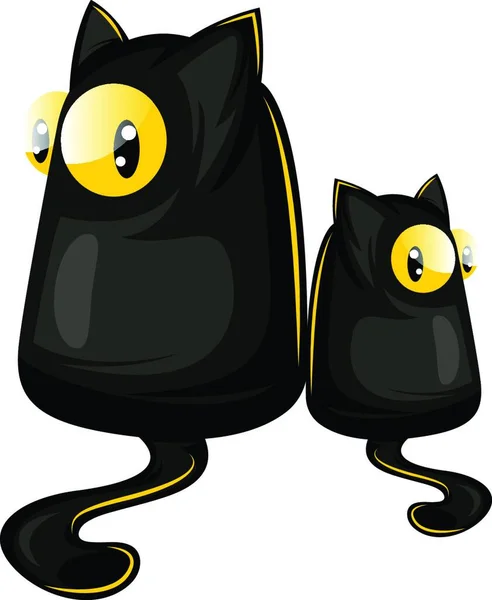 Vector Illustration Two Cartoon Black Cats Big Yellow Eyes White — Stock Vector