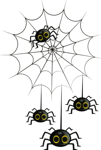 Four Black Cute Cartoon Spiders Spiderweb Vector Illustration White Background — Stock Vector