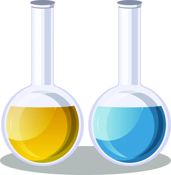 Ilustración Vectorial Dos Vasos Científicos Con Fluido Amarillo Azul Sobre — Archivo Imágenes Vectoriales