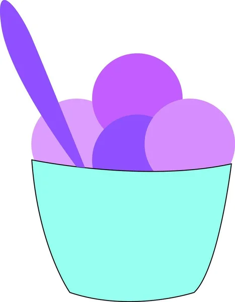 白の背景に紫色のスプーンベクトルイラストと水色のカップで紫色と紫色のアイスクリーム — ストックベクタ