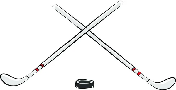 Векторная Иллюстрация Двух Белых Хоккейных Клюшек Черный Шайба Белый Фон — стоковый вектор