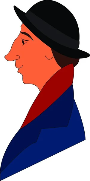 Imagen Perfil Hombre Con Abrigo Azul Bufanda Roja Sombrero Negro — Vector de stock