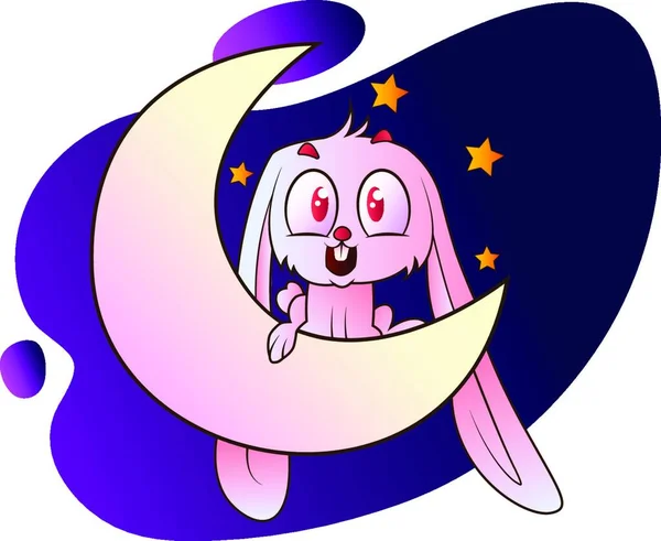 Pink Bunny Sitting Moon Vector Illustration White Background — Stock Vector