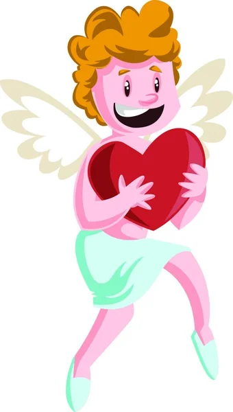 Cupido Sosteniendo Gran Vector Rojo Del Corazón Ilustración Sobre Fondo — Archivo Imágenes Vectoriales