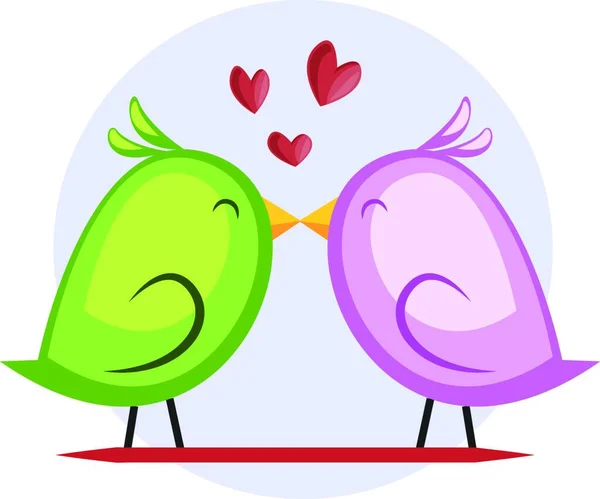 Grön Fågel Och Violett Fågel Kysser Vektor Illustrationen Ljusblå Cirkel — Stock vektor