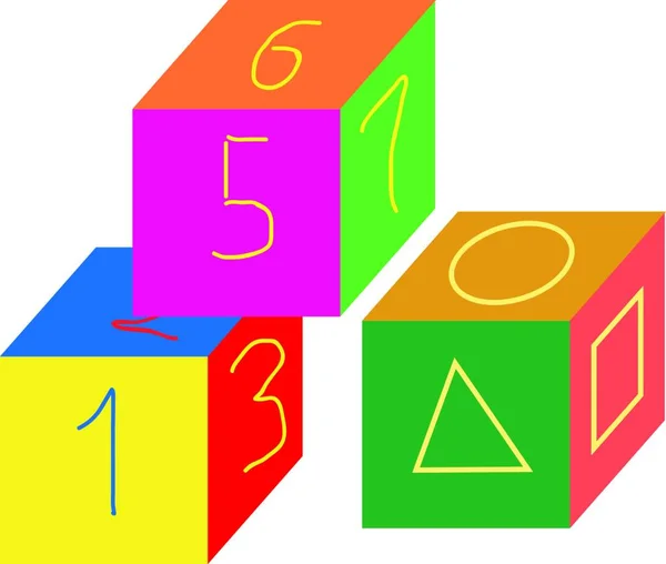 小さな子供たちを楽しませ 教育するために設計されたキューブ型の多色番号と形状のおもちゃベクトルカラー図面やイラスト — ストックベクタ