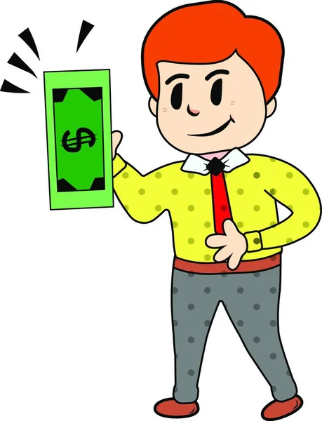 一位棕色头发的商人穿着黄色衬衫 红色领带灰色裤子拿着绿色美元钞票在他的手向量颜色图画或例证 — 图库矢量图片