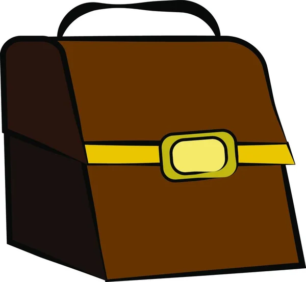 一个封闭的棕色皮革饭盒或宝箱与黑色手柄 黄色边框 扣矢量彩色绘图或插图 — 图库矢量图片