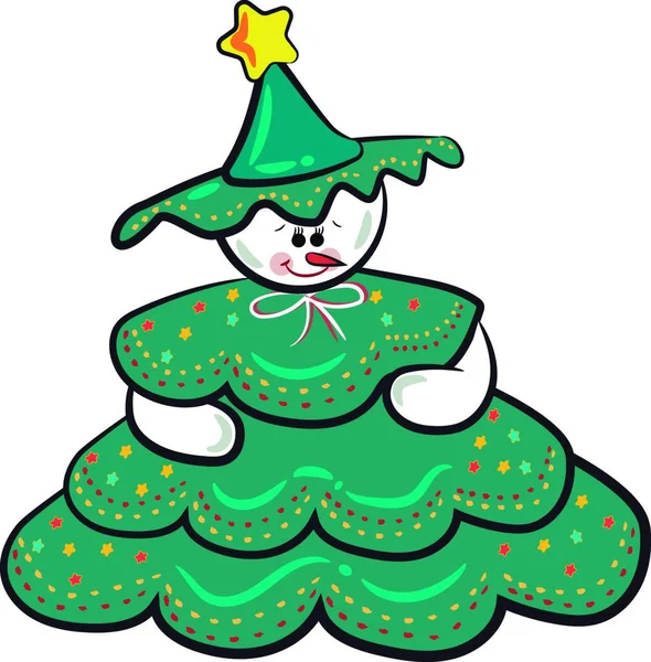 一个娃娃穿着绿色的树服装与五颜六色的装饰 明星在帽子矢量彩绘或插图 — 图库矢量图片