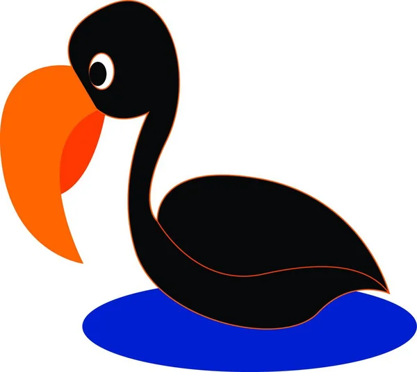 Cartoon Black Bird Long Curved Orange Bill Swimming Sea Vector — Stock Vector