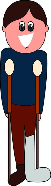 卡通男孩在蓝色封闭颈部顶部棕色裤子与绷带在他的左腿是笑 而站在他的棕色手杖矢量彩色绘图或插图 — 图库矢量图片