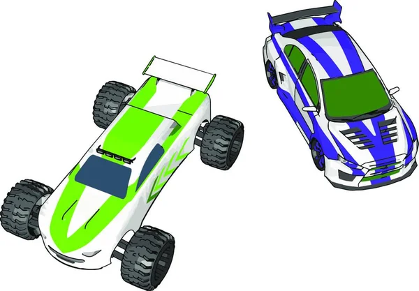 Deux Petite Voiture Jouet Avec Vert Bleu Couleur Maintenu Sur — Image vectorielle