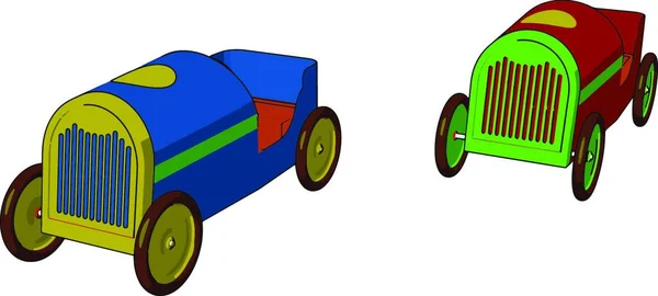 Twee Veelkleurige Speelgoed Voertuigen Ofwel Gemaakt Van Plastic Metaal Gehouden — Stockvector