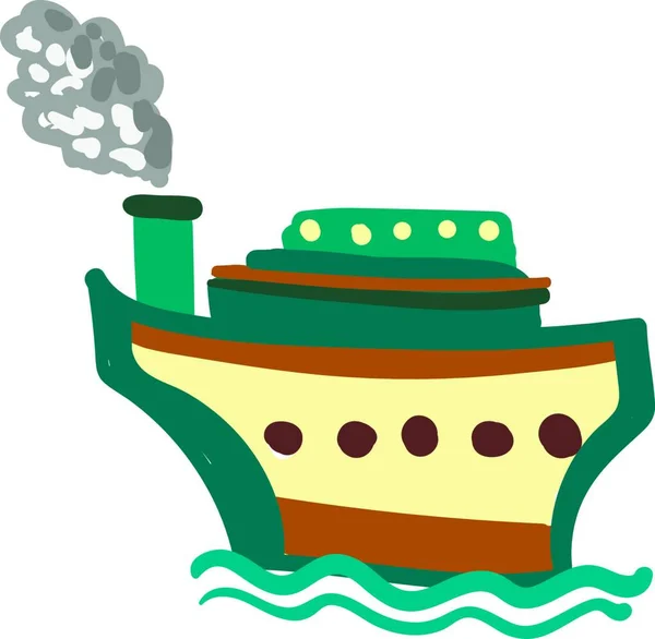Pintura Barco Vapor Marrón Azul Flotando Dibujo Ilustración Del Color — Vector de stock