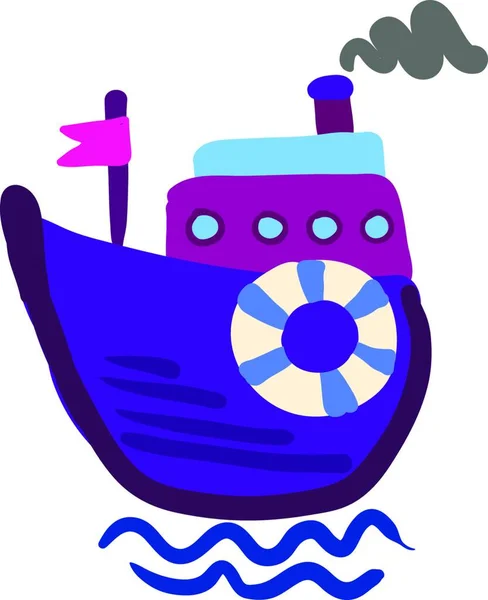 Dibujo Barco Vapor Púrpura Con Bandera Rosa Con Salvavidas Vector — Archivo Imágenes Vectoriales