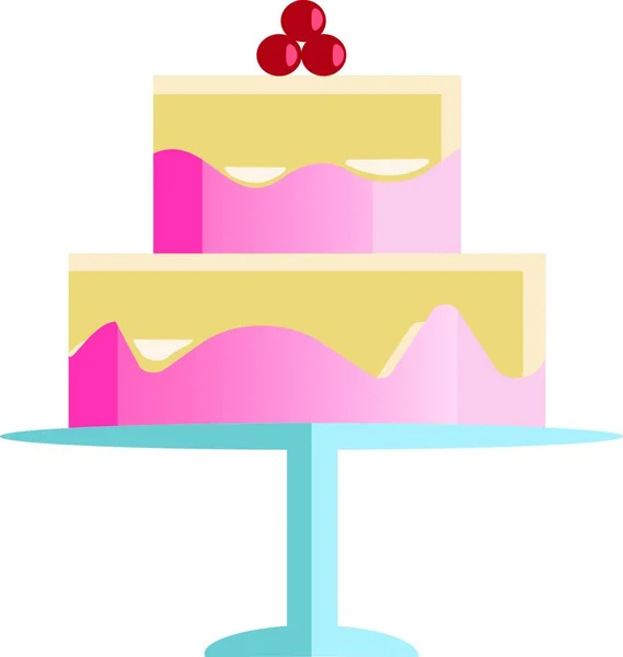 Two Layer Celebration Cake Pink Frosting Cherries Top Vector Color — Stock Vector